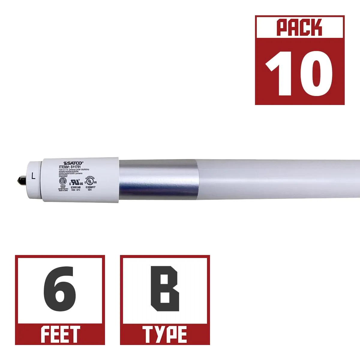 10 Pack - 6ft T8 LED Bulb, 3400lm, 40K|50K|65K, Fa8 Base, Ballast Bypass, Single|Dual End