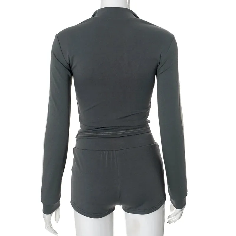 Athletic 2-Piece Fitness High-Collar Top with Shorts
