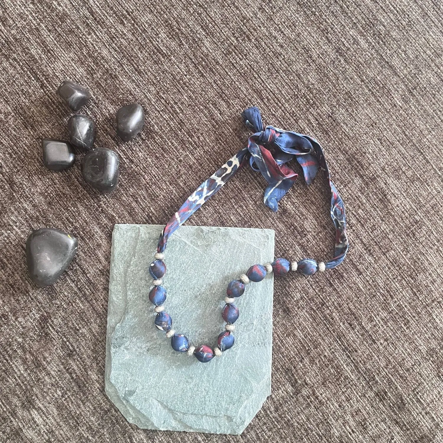Beaded Ajrakh Necklace | Minimalist Design | Hand Crafted | Adjustable | Indigo