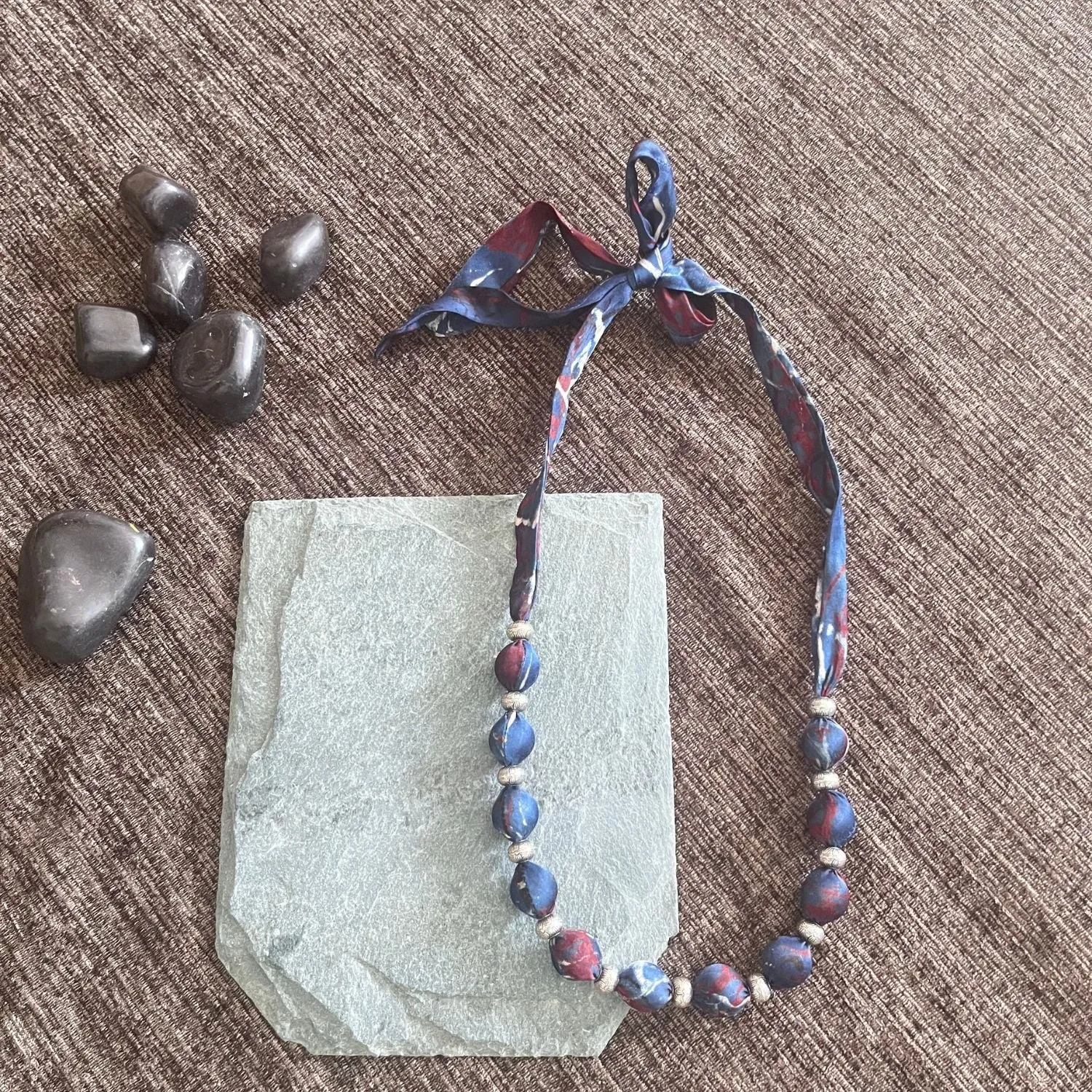 Beaded Ajrakh Necklace | Minimalist Design | Hand Crafted | Adjustable | Indigo