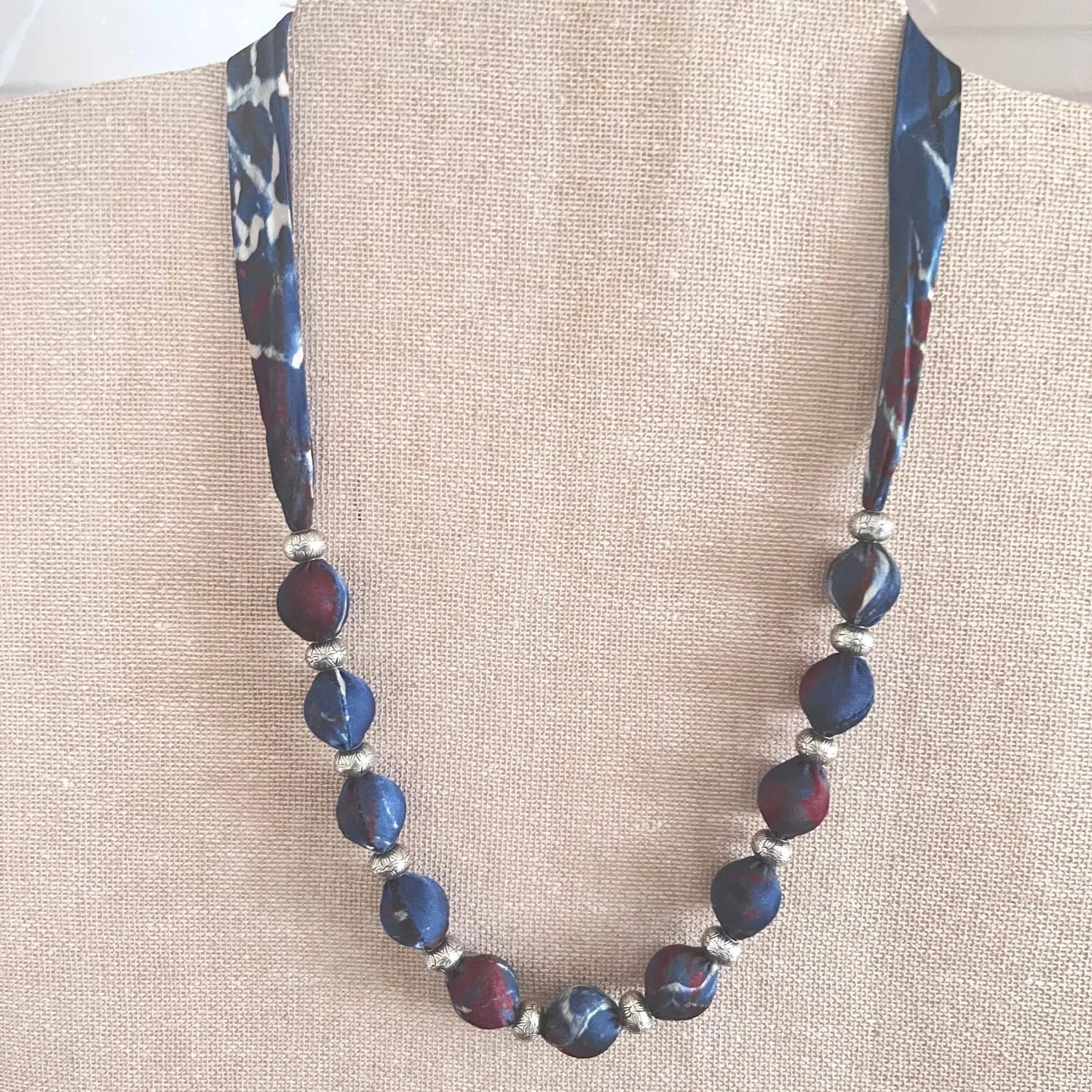 Beaded Ajrakh Necklace | Minimalist Design | Hand Crafted | Adjustable | Indigo