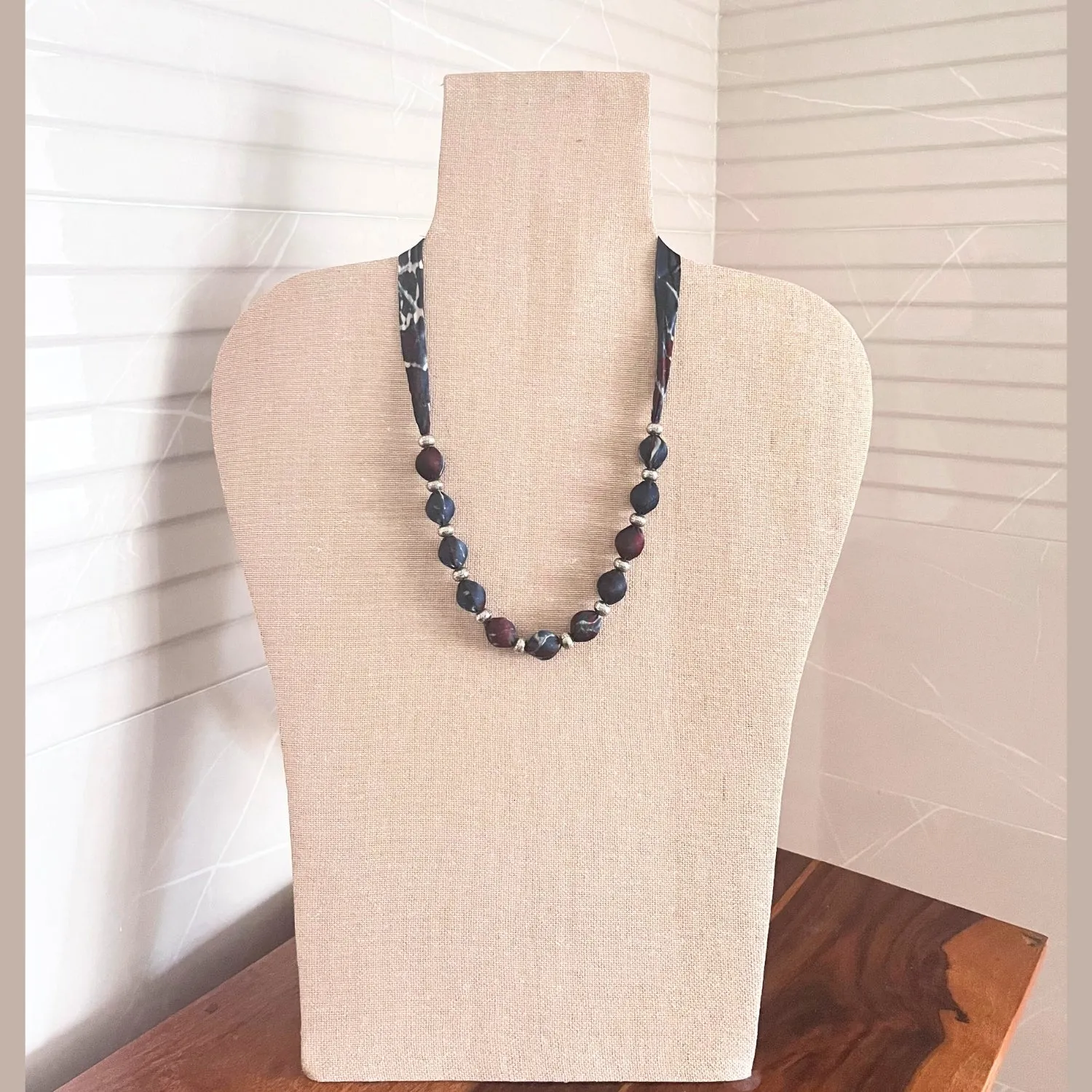 Beaded Ajrakh Necklace | Minimalist Design | Hand Crafted | Adjustable | Indigo