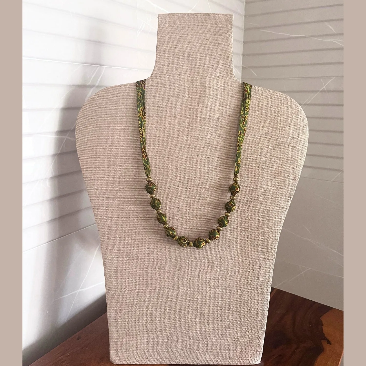 Beaded Fabric Necklace | Minimalist Design | Hand Crafted | Adjustable | Green Yellow