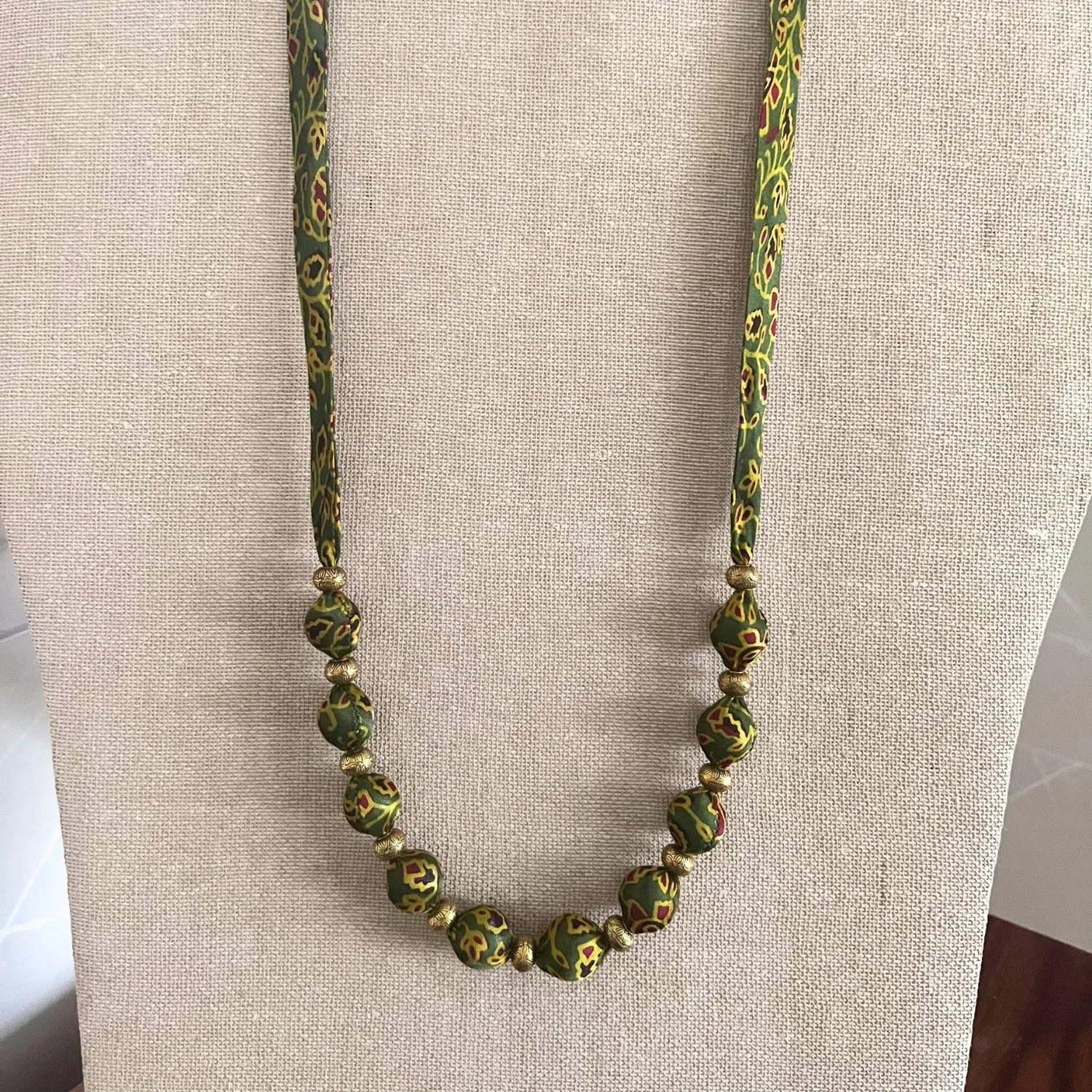 Beaded Fabric Necklace | Minimalist Design | Hand Crafted | Adjustable | Green Yellow