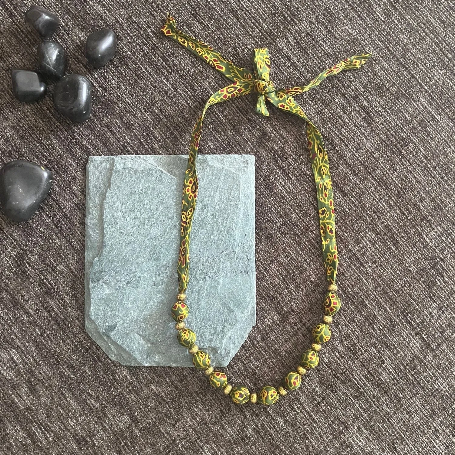Beaded Fabric Necklace | Minimalist Design | Hand Crafted | Adjustable | Green Yellow