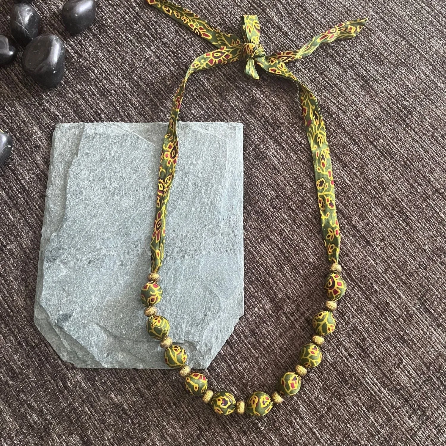 Beaded Fabric Necklace | Minimalist Design | Hand Crafted | Adjustable | Green Yellow