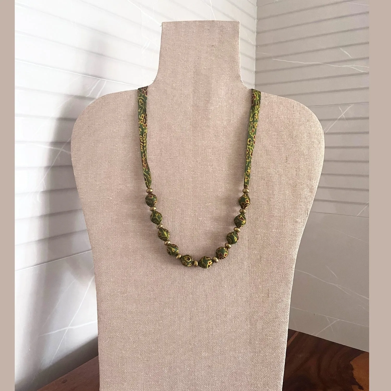 Beaded Fabric Necklace | Minimalist Design | Hand Crafted | Adjustable | Green Yellow