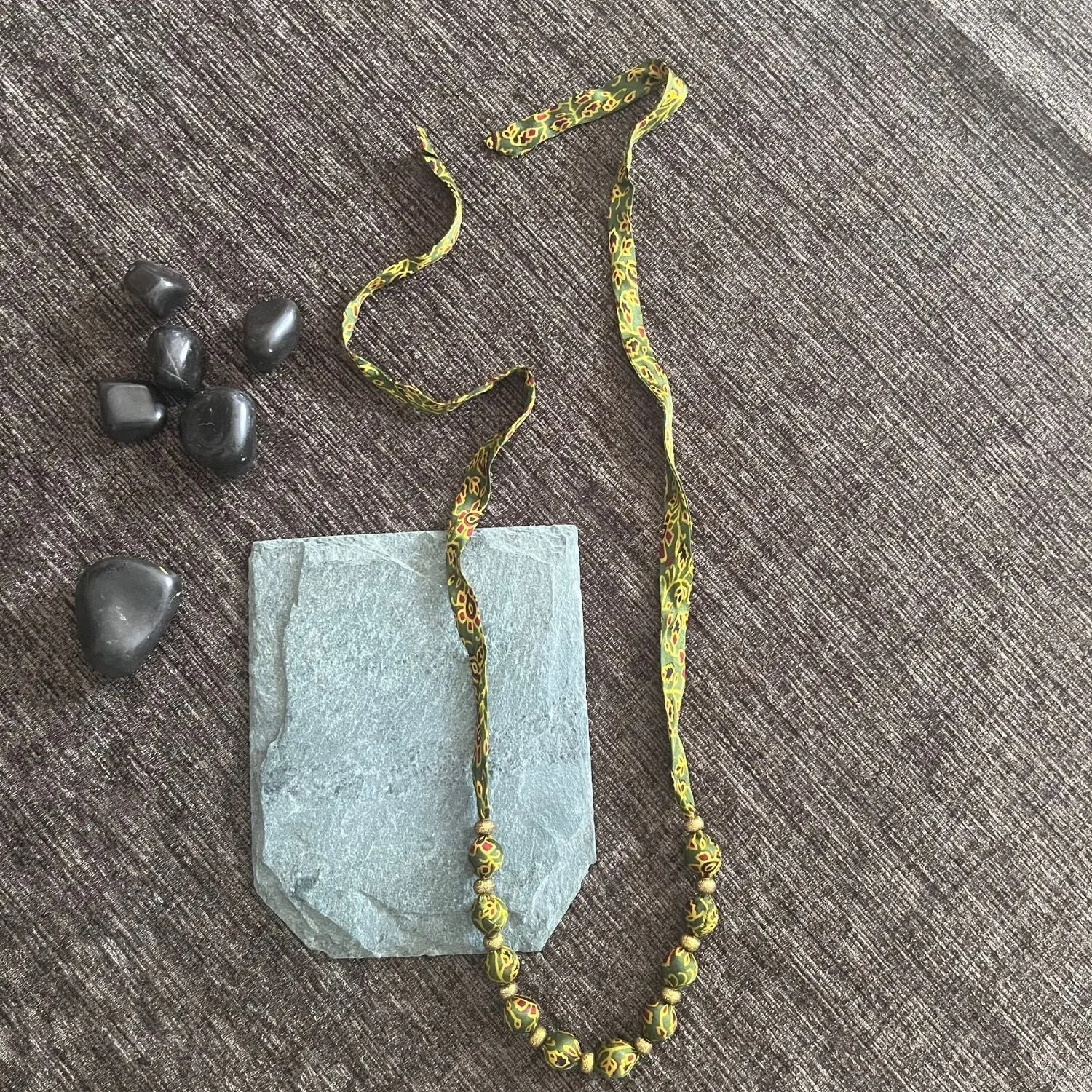Beaded Fabric Necklace | Minimalist Design | Hand Crafted | Adjustable | Green Yellow