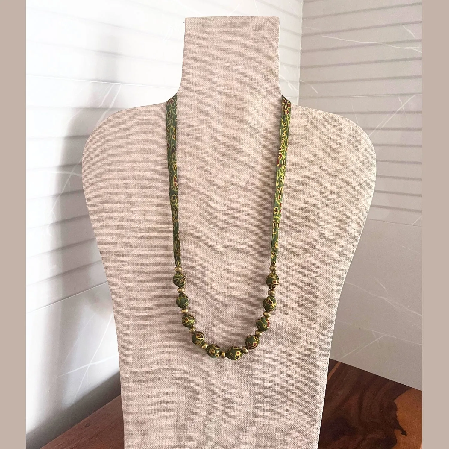 Beaded Fabric Necklace | Minimalist Design | Hand Crafted | Adjustable | Green Yellow