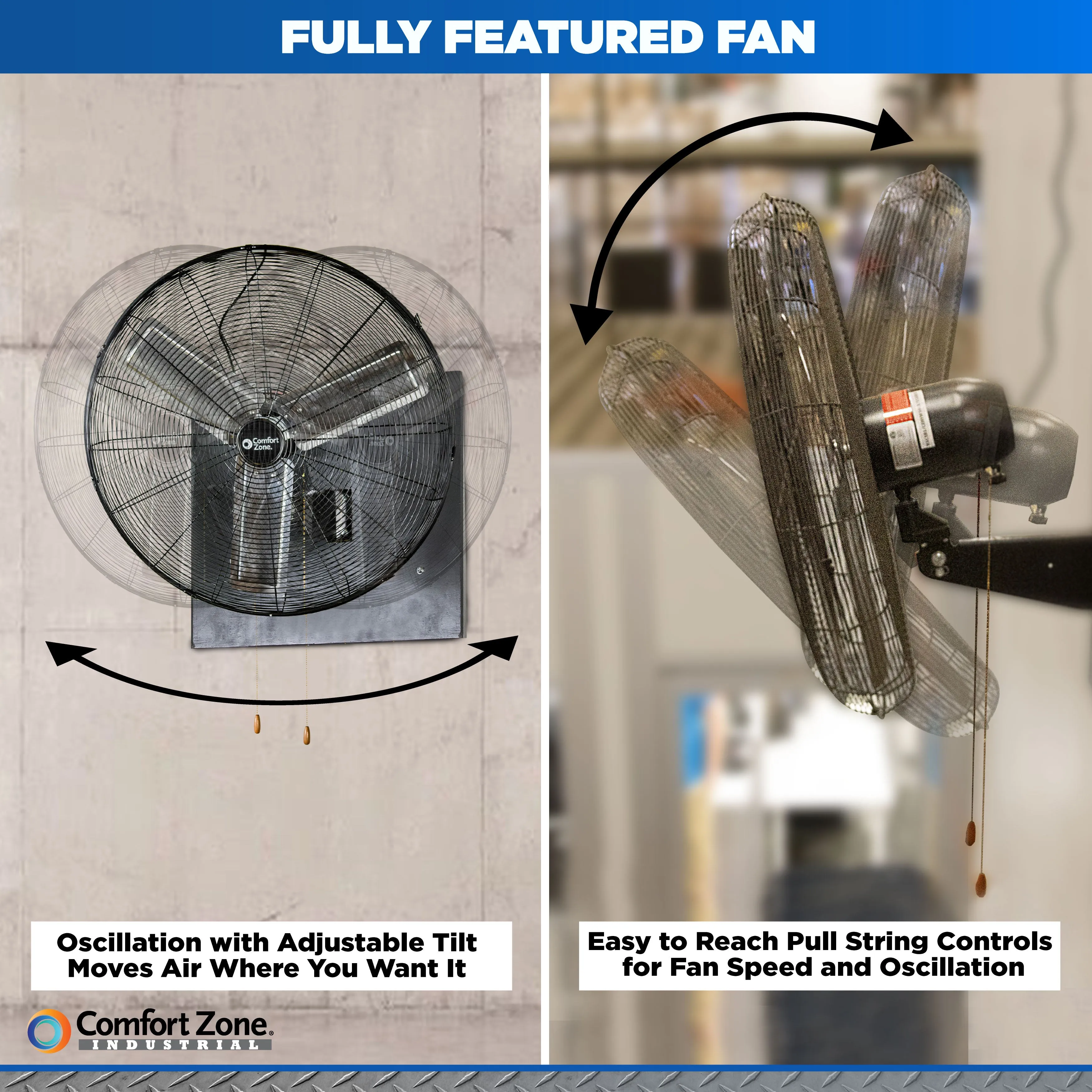 Comfort Zone 30" 2-Speed High-Velocity Industrial Wall Fan in Oscillating and Non-Oscillating Models