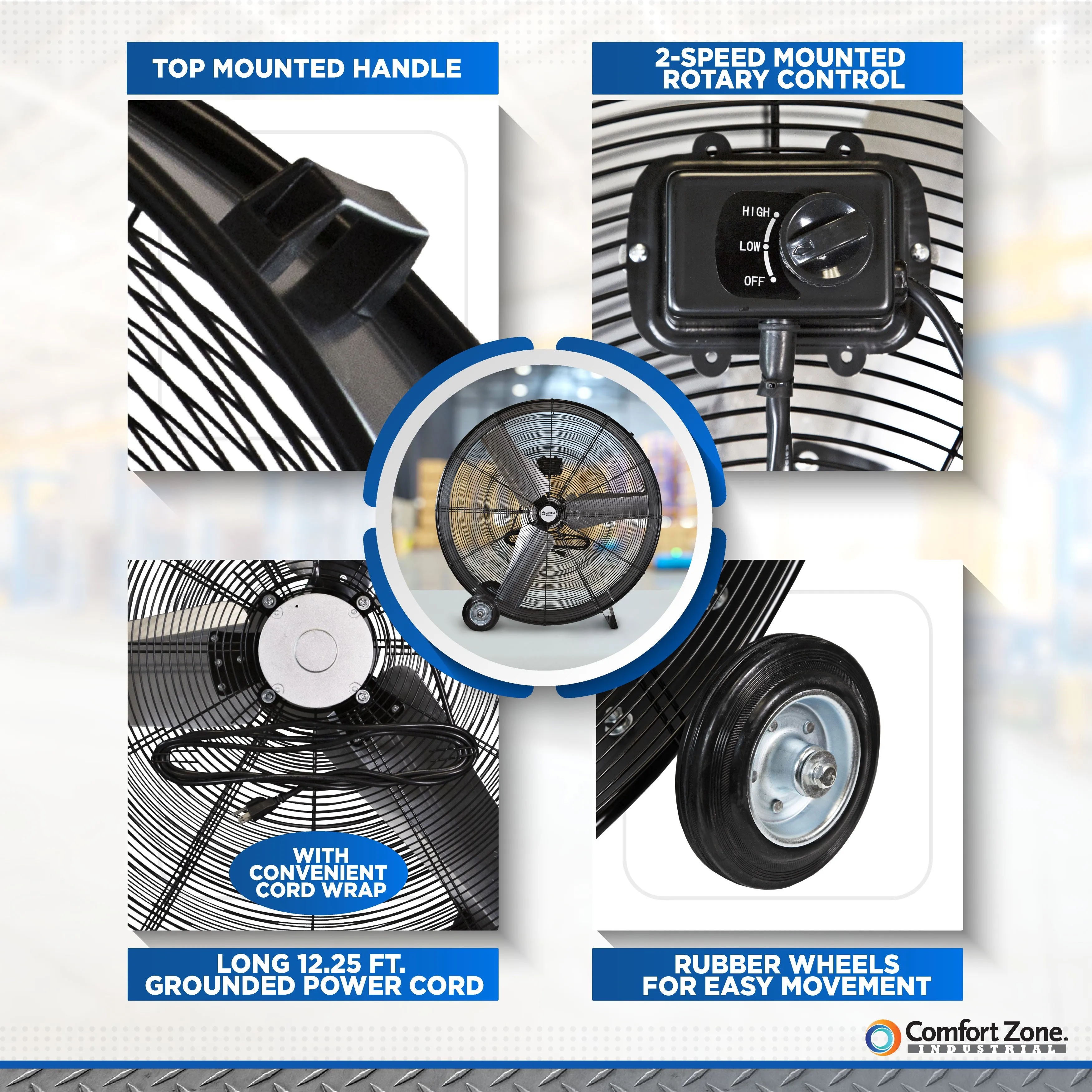 Comfort Zone 36" 2-Speed Industrial Drum Fan in Black