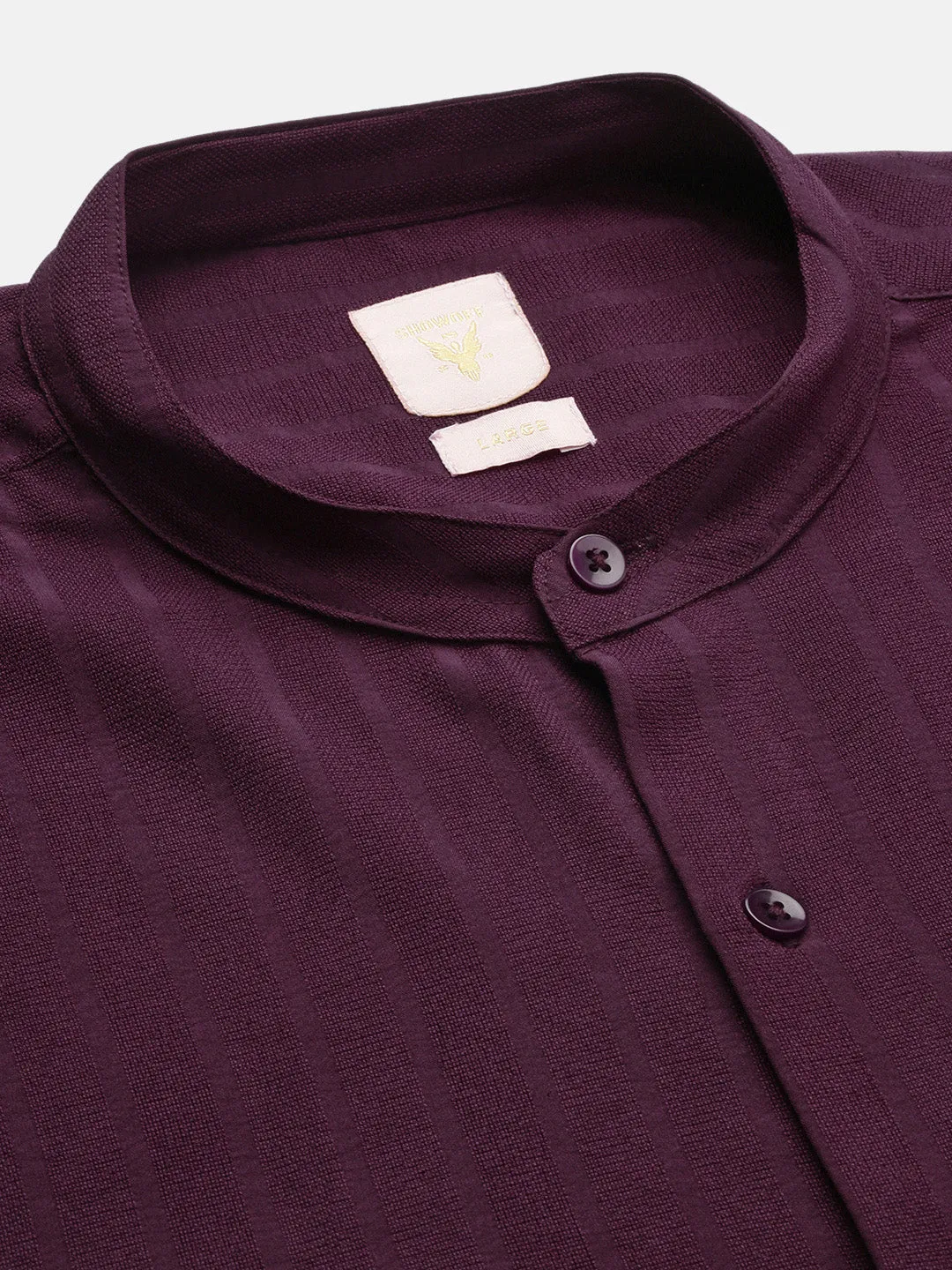 Men Mandarin Collar Solid Burgundy Slim Fit Shirt