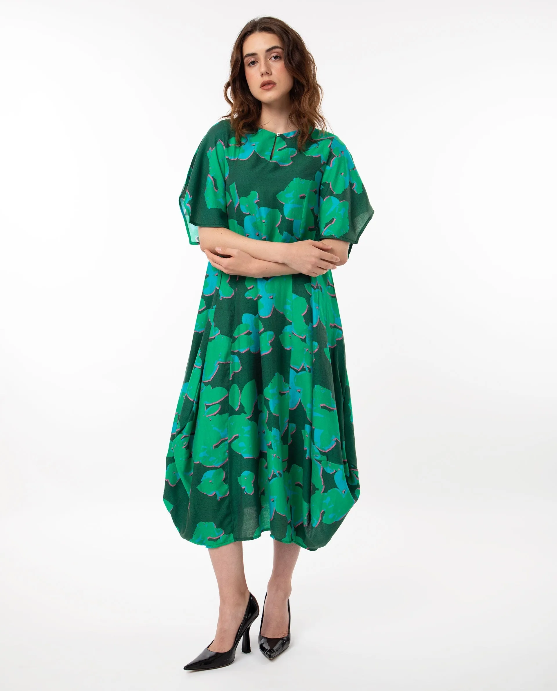 Rareism Women Kanda Green Poly Viscose Fabric Short Sleeves Button Closure Round Neck Bell Sleeve Regular Fit Abstract Print Midi Asymmetric Dress