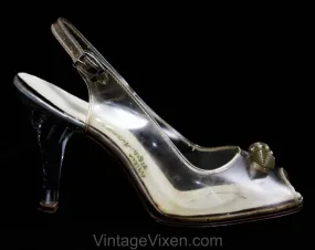 Size 5.5 Shoes - Glamour Girl 1950s Clear Lucite High Heels - Rhinestone Beehive Bows - 50s Peep Toe - Cinderella Glass Slippers - 5 1/2