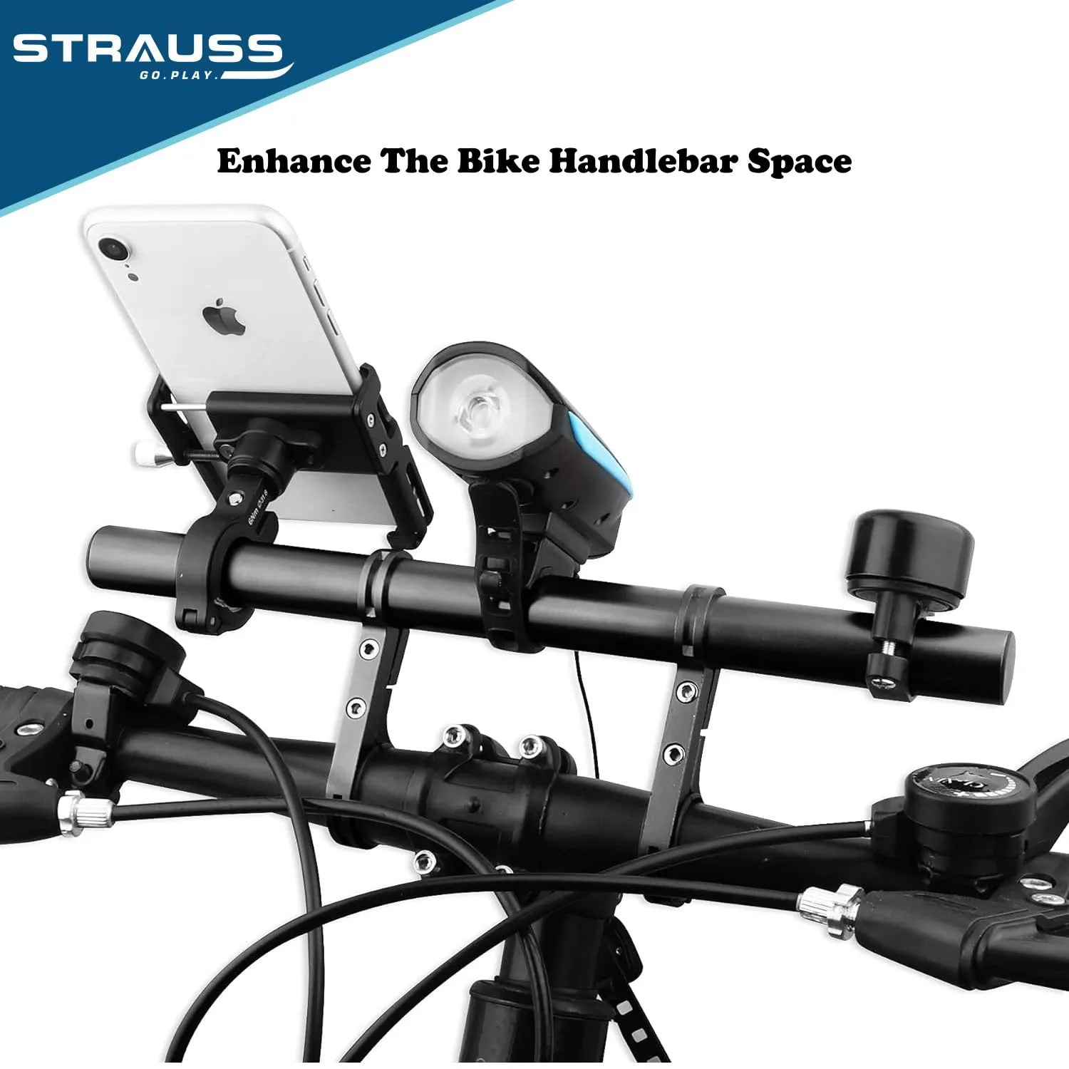 STRAUSS Cycle Handle Bar Extender | Lightweight Durable Bicycle Handle Bar Extension Bracket | Ideal for Holding Motorcycle & E-Bike Lamp Speedometer, GPS Phone | Cycling Accessories, (Black)
